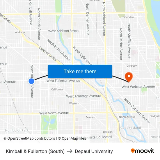 Kimball & Fullerton (South) to Depaul University map