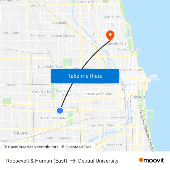 Roosevelt & Homan (East) to Depaul University map