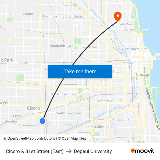 Cicero & 31st Street (East) to Depaul University map