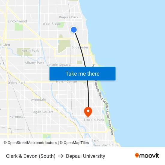 Clark & Devon (South) to Depaul University map