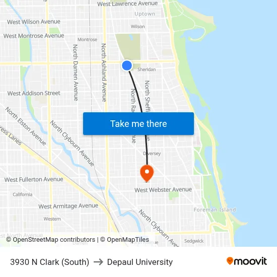 3930 N Clark (South) to Depaul University map