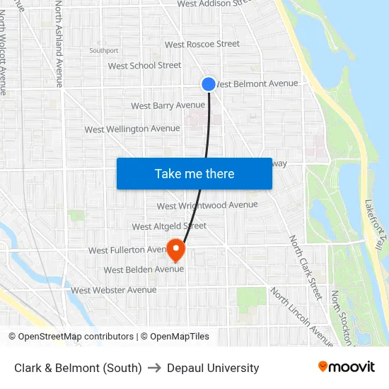 Clark & Belmont (South) to Depaul University map