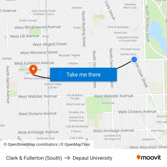 Clark & Fullerton (South) to Depaul University map