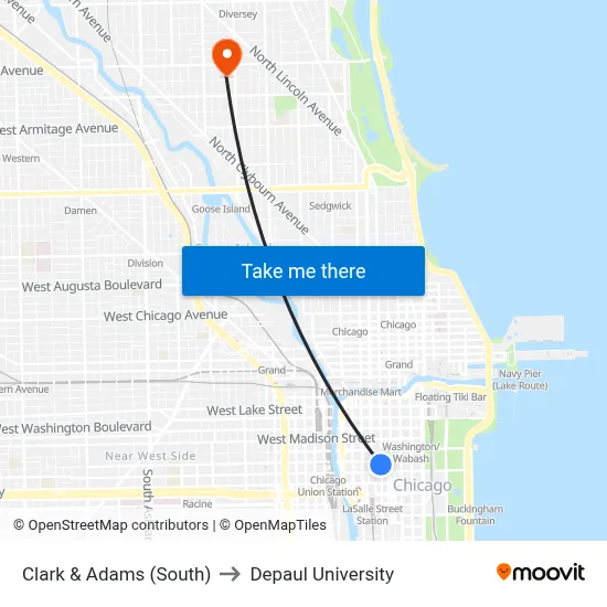 Clark & Adams (South) to Depaul University map