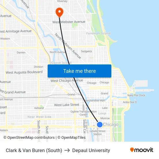Clark & Van Buren (South) to Depaul University map