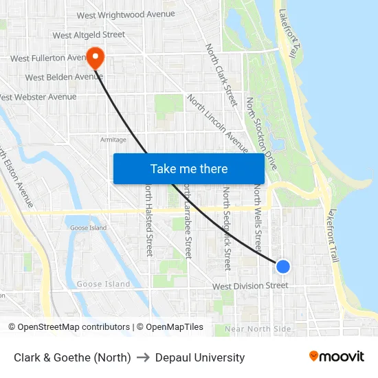 Clark & Goethe (North) to Depaul University map