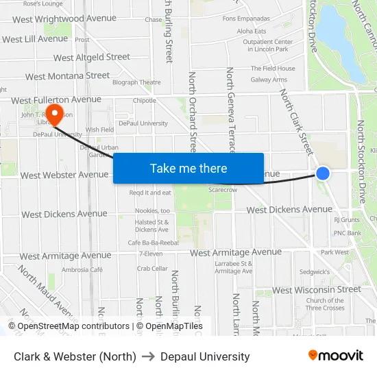 Clark & Webster (North) to Depaul University map