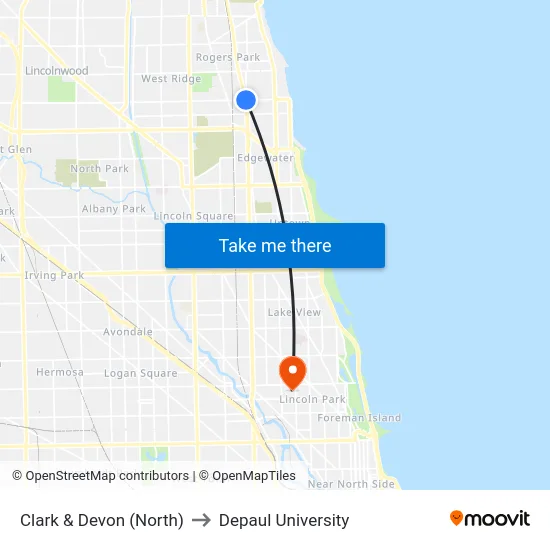 Clark & Devon (North) to Depaul University map