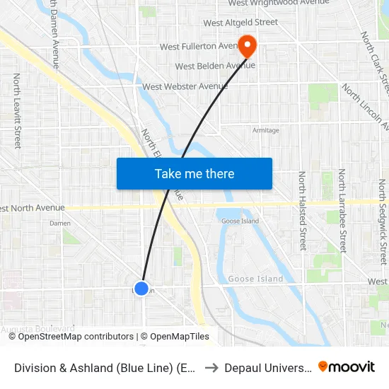 Division & Ashland (Blue Line) (East) to Depaul University map