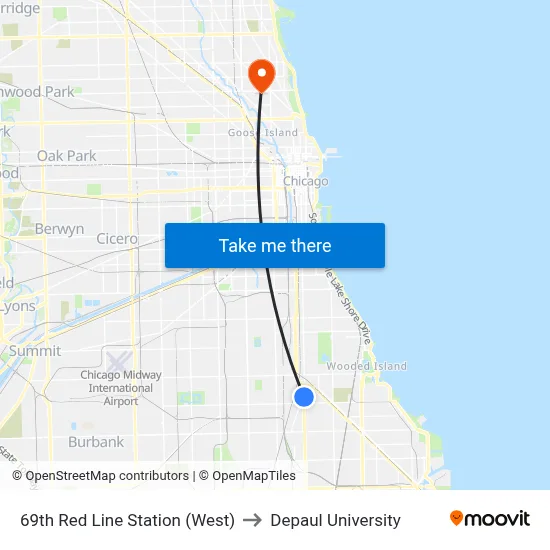 69th Red Line Station (West) to Depaul University map