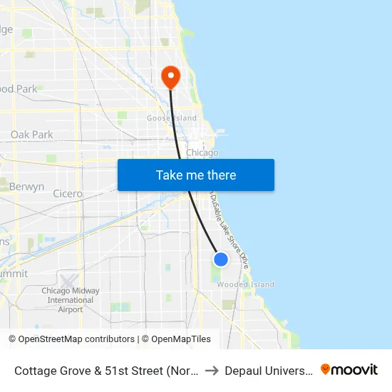 Cottage Grove & 51st Street (North) to Depaul University map