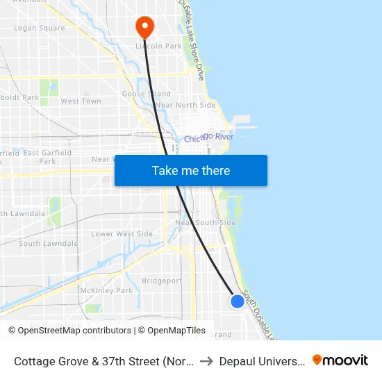 Cottage Grove & 37th Street (North) to Depaul University map