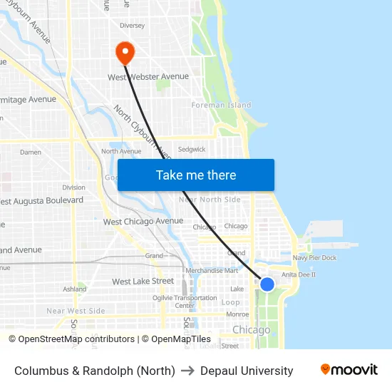 Columbus & Randolph (North) to Depaul University map