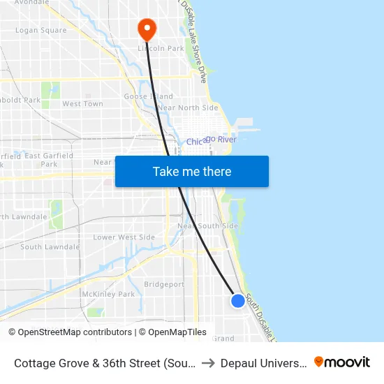 Cottage Grove & 36th Street (South) to Depaul University map