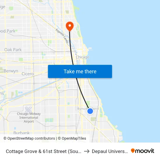 Cottage Grove & 61st Street (South) to Depaul University map