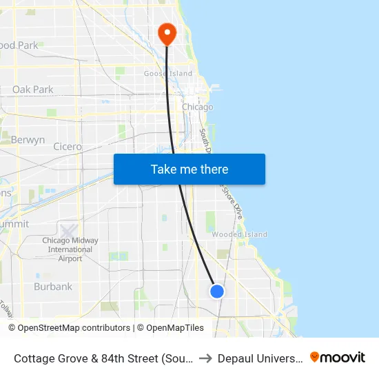 Cottage Grove & 84th Street (South) to Depaul University map