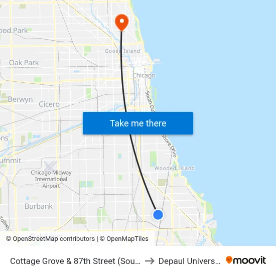 Cottage Grove & 87th Street (South) to Depaul University map