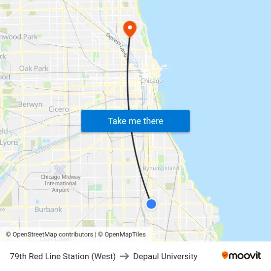79th Red Line Station (West) to Depaul University map