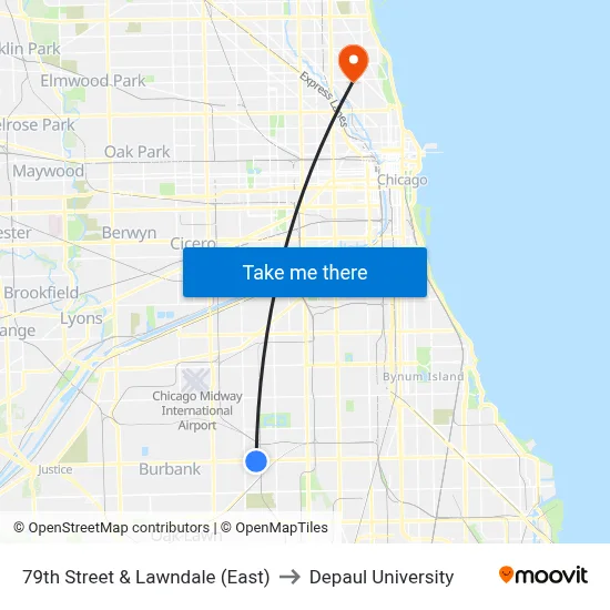 79th Street & Lawndale (East) to Depaul University map