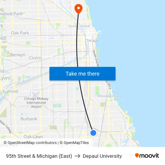 95th Street & Michigan (East) to Depaul University map