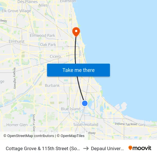 Cottage Grove & 115th Street (South) to Depaul University map