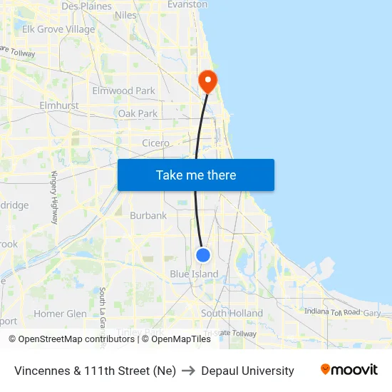 Vincennes & 111th Street (Ne) to Depaul University map