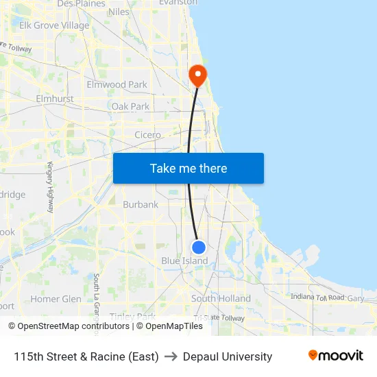 115th Street & Racine (East) to Depaul University map