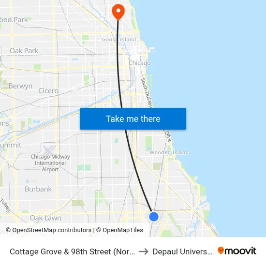 Cottage Grove & 98th Street (North) to Depaul University map