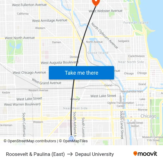 Roosevelt & Paulina (East) to Depaul University map