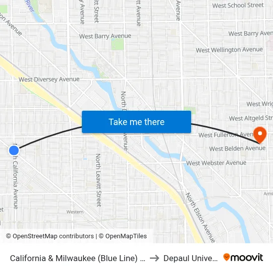 California & Milwaukee (Blue Line) (South) to Depaul University map