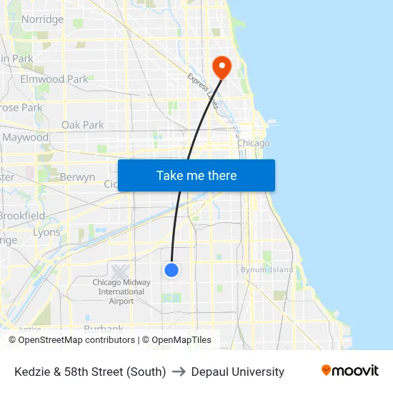 Kedzie & 58th Street (South) to Depaul University map