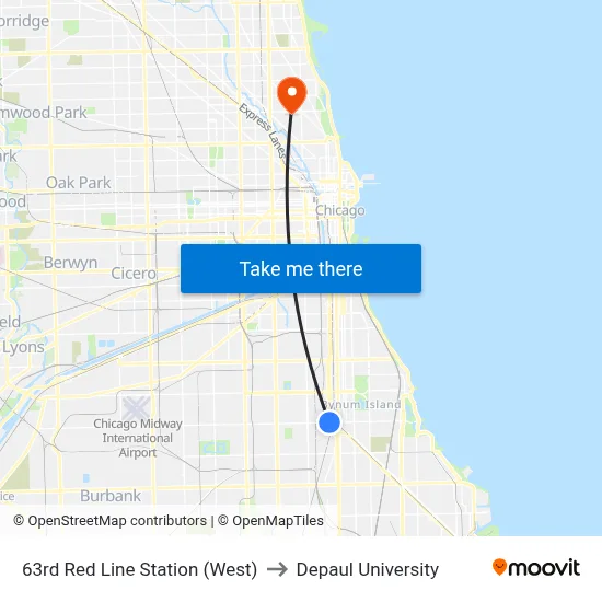63rd Red Line Station (West) to Depaul University map