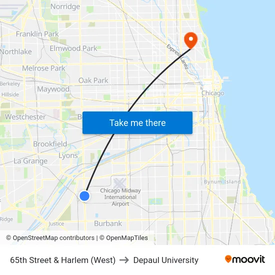 65th Street & Harlem (West) to Depaul University map