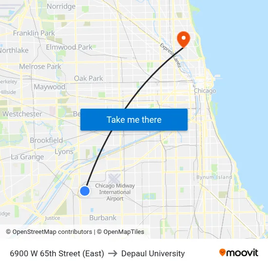 6900 W 65th Street (East) to Depaul University map