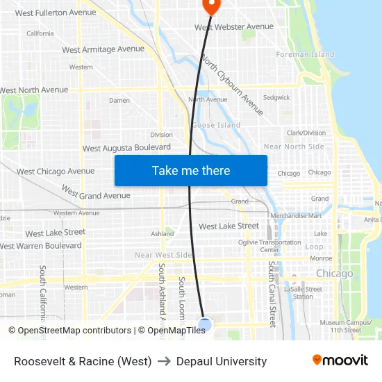 Roosevelt & Racine (West) to Depaul University map