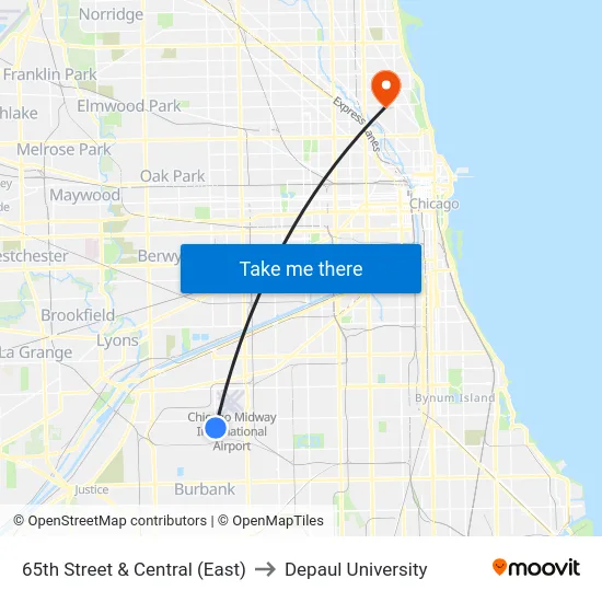 65th Street & Central (East) to Depaul University map