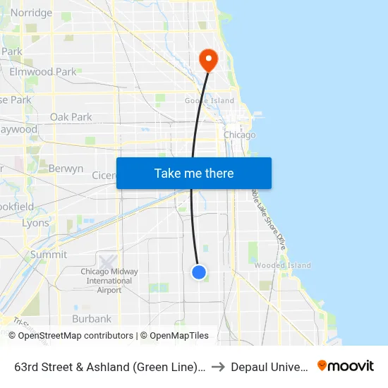 63rd Street & Ashland (Green Line) (East) to Depaul University map