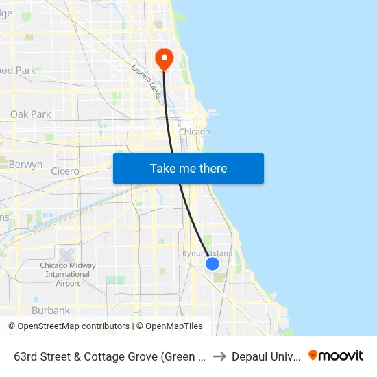 63rd Street & Cottage Grove (Green Line) (East) to Depaul University map