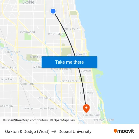 Oakton & Dodge (West) to Depaul University map