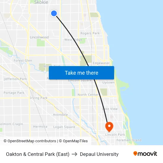 Oakton & Central Park (East) to Depaul University map