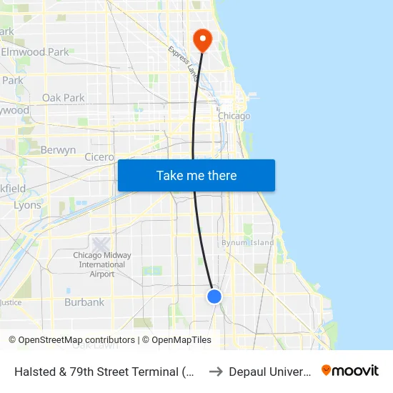 Halsted & 79th Street Terminal (West) to Depaul University map