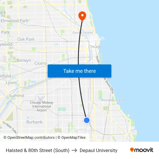 Halsted & 80th Street (South) to Depaul University map