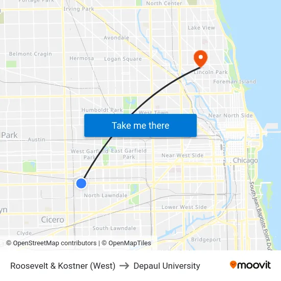 Roosevelt & Kostner (West) to Depaul University map