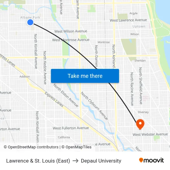 Lawrence & St. Louis (East) to Depaul University map