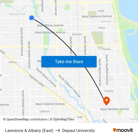 Lawrence & Albany (East) to Depaul University map