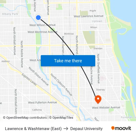 Lawrence & Washtenaw (East) to Depaul University map