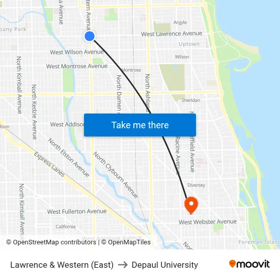 Lawrence & Western (East) to Depaul University map