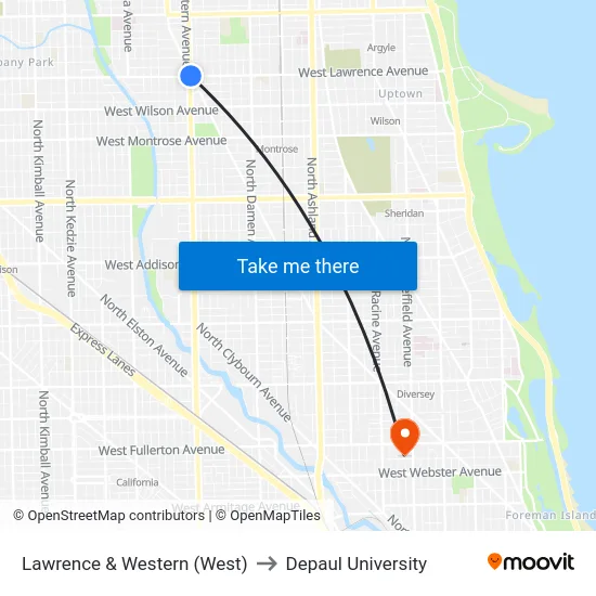 Lawrence & Western (West) to Depaul University map