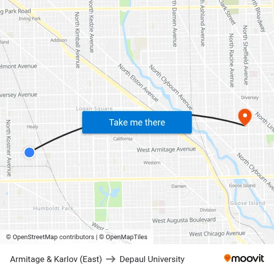 Armitage & Karlov (East) to Depaul University map
