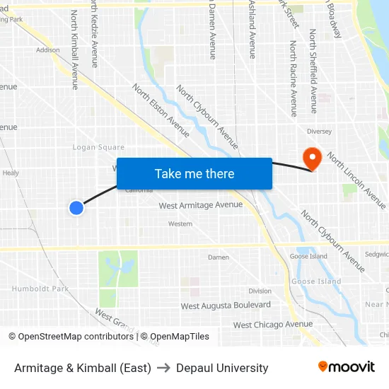 Armitage & Kimball (East) to Depaul University map